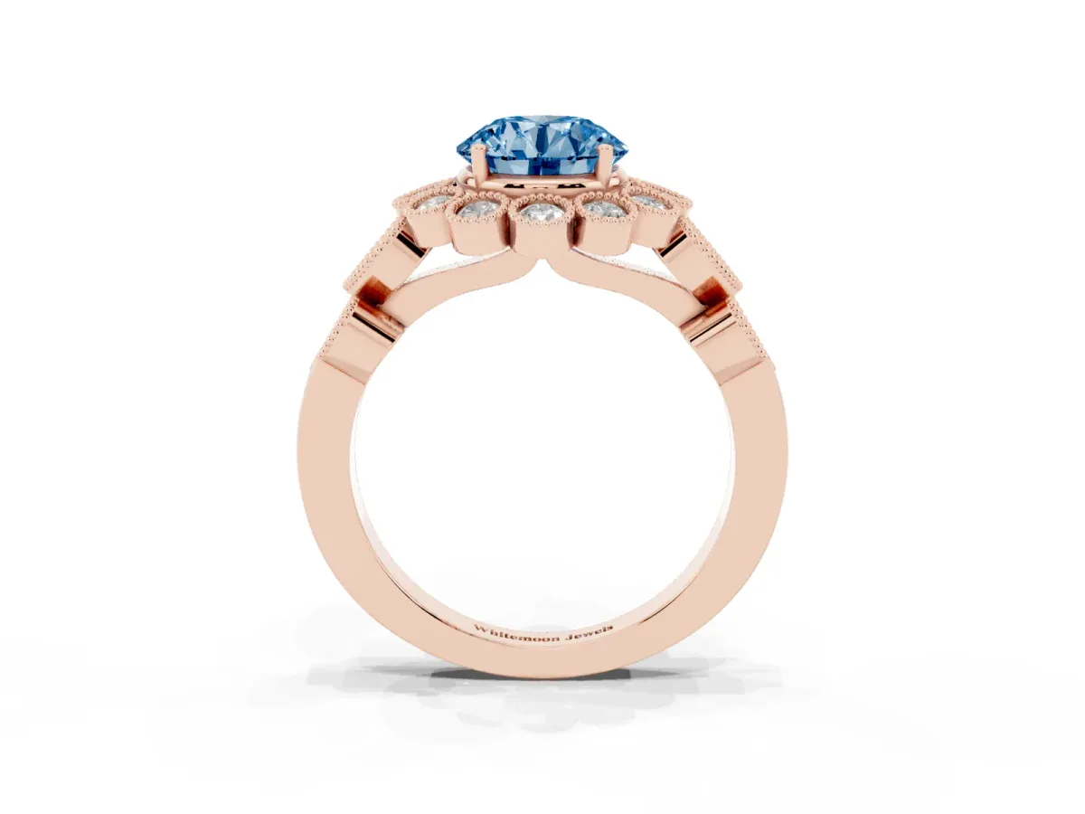 Fancy Blue Round Cut Brilliant Milgrain Pave Heart Band Solitaire Ring Rose gold