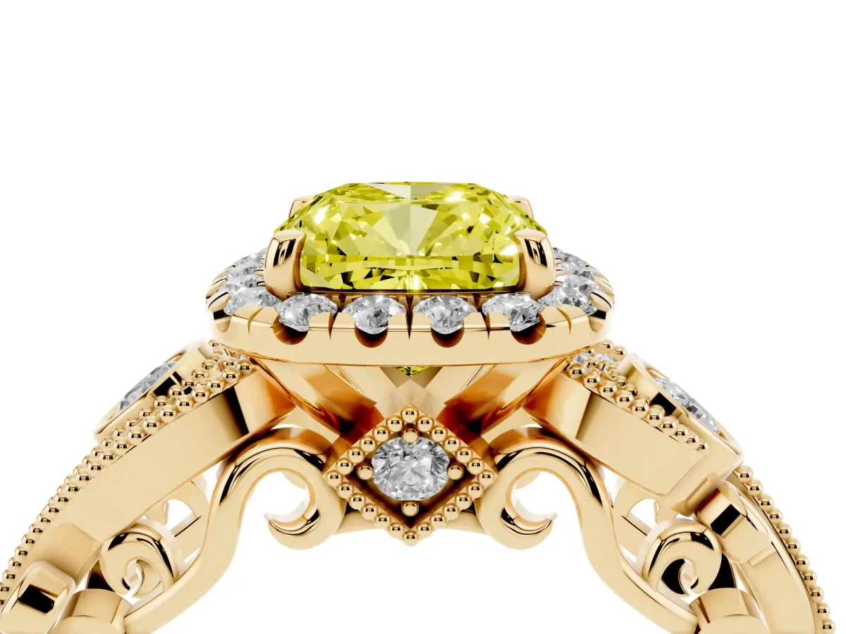 Fancy Yellow Cushion Cut Halo Diamond Ring with Milgrain and Bezel Accents on a Split Shank Band Yellow gold