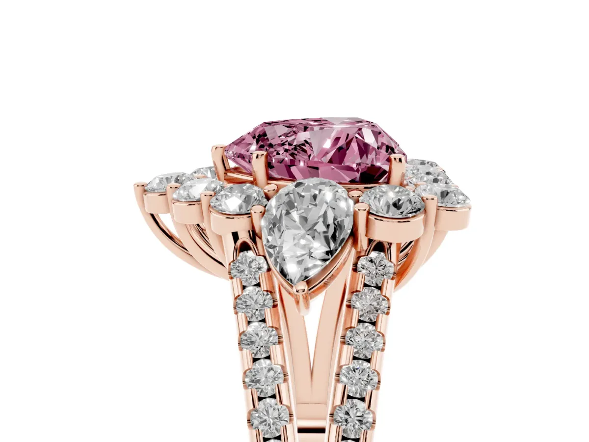 Fancy Pink Heart Cut Halo Split Shank Diamond Engagement Ring with Prong Setting Rose gold