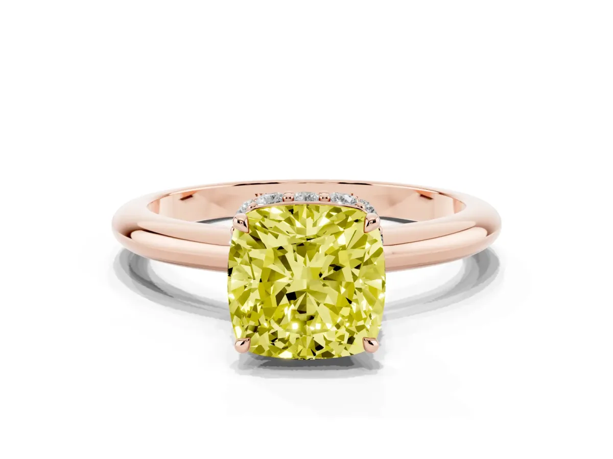 Fancy Yellow Cushion Cut Brilliant Solitaire Engagement Ring with Six-Prong Setting and Classic Band Rose gold