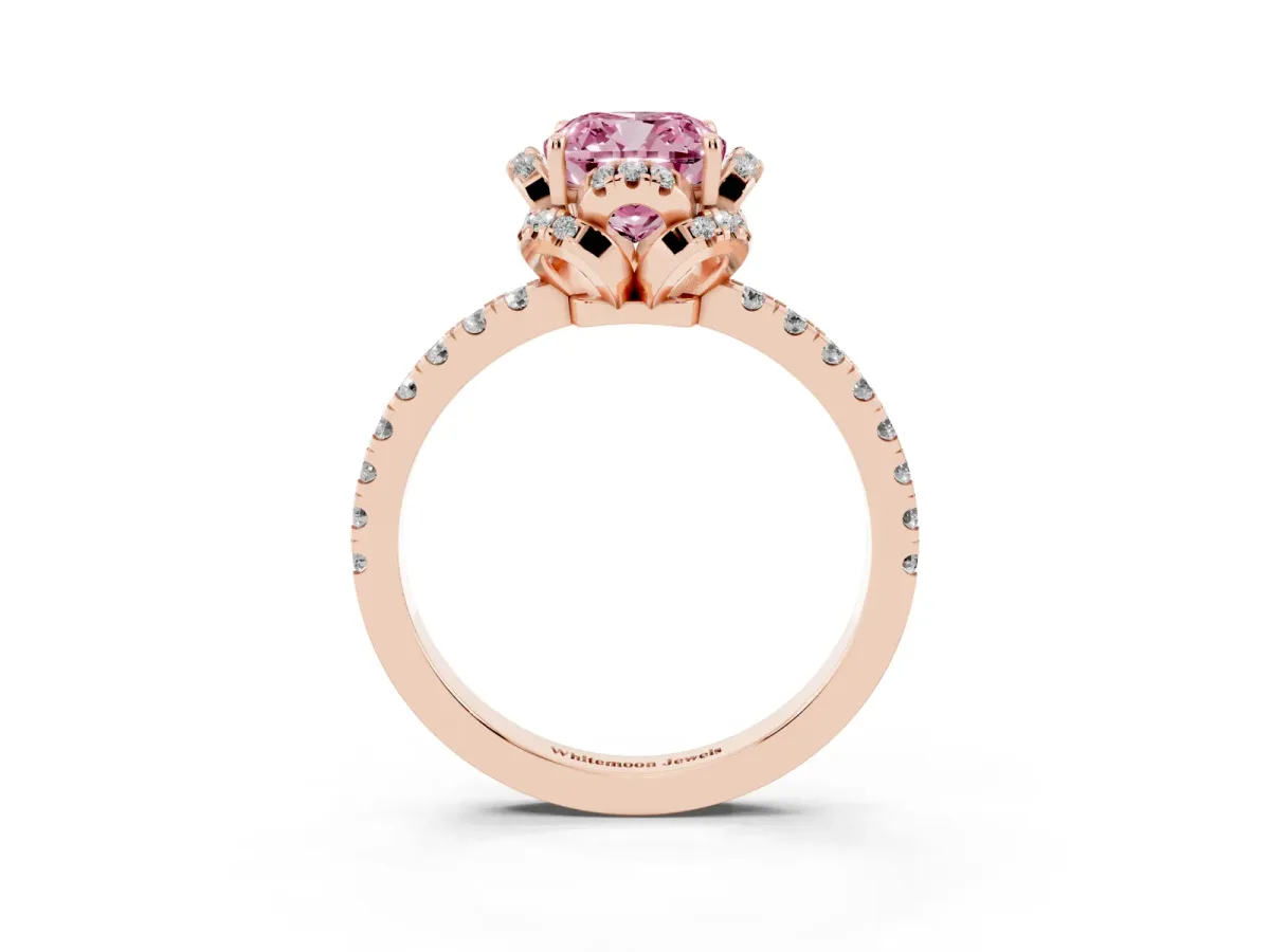 Fancy Pink Cushion Cut Diamond Halo Pave Band with Four-Prong Setting Rose gold