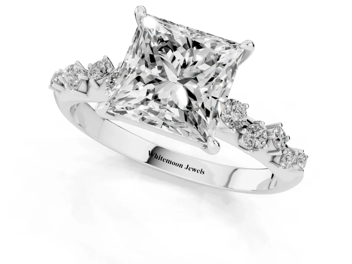 Princess Cut Diamond Cluster Side Stone Solitaire Ring with Prong Setting Silver