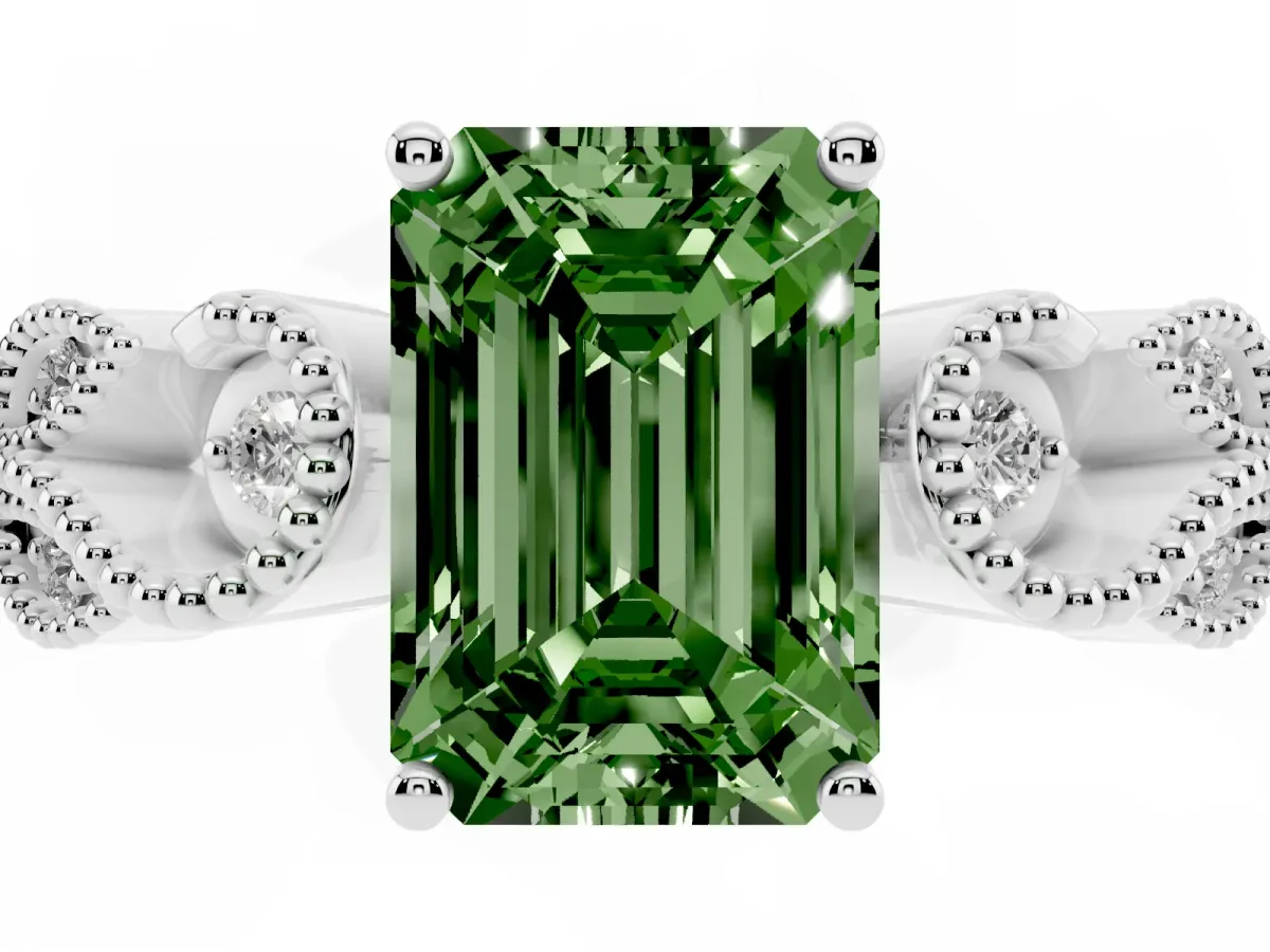 Fancy Green Emerald Cut Solitaire Milgrain Leaf Band with Prong Setting Silver