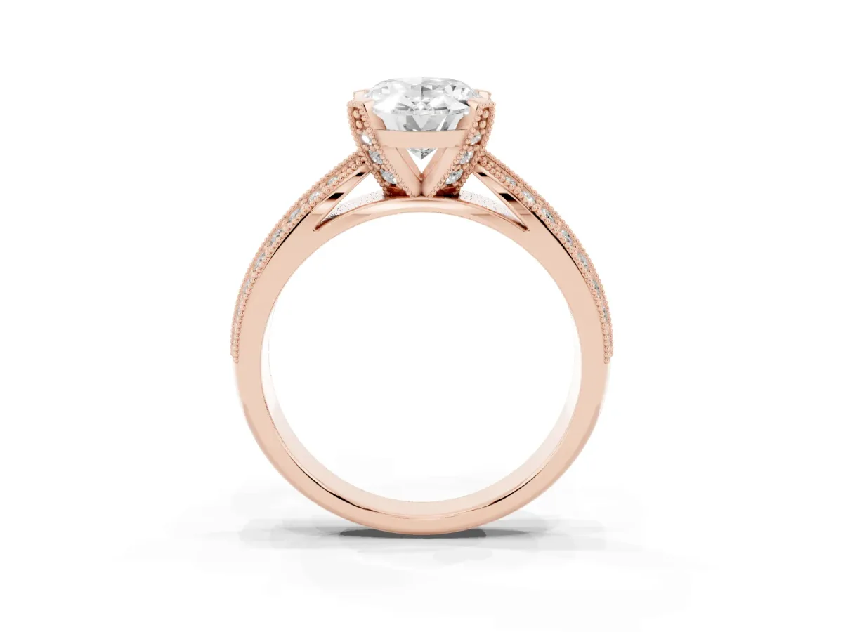 Oval Cut Diamond Solitaire Ring with Milgrain Round Pavé Band and Prong Setting Rose gold