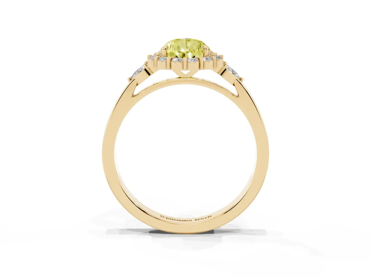 Fancy Yellow Pear Cut Diamond Halo Ring with Pear Side Stones and Prong Setting Yellow gold