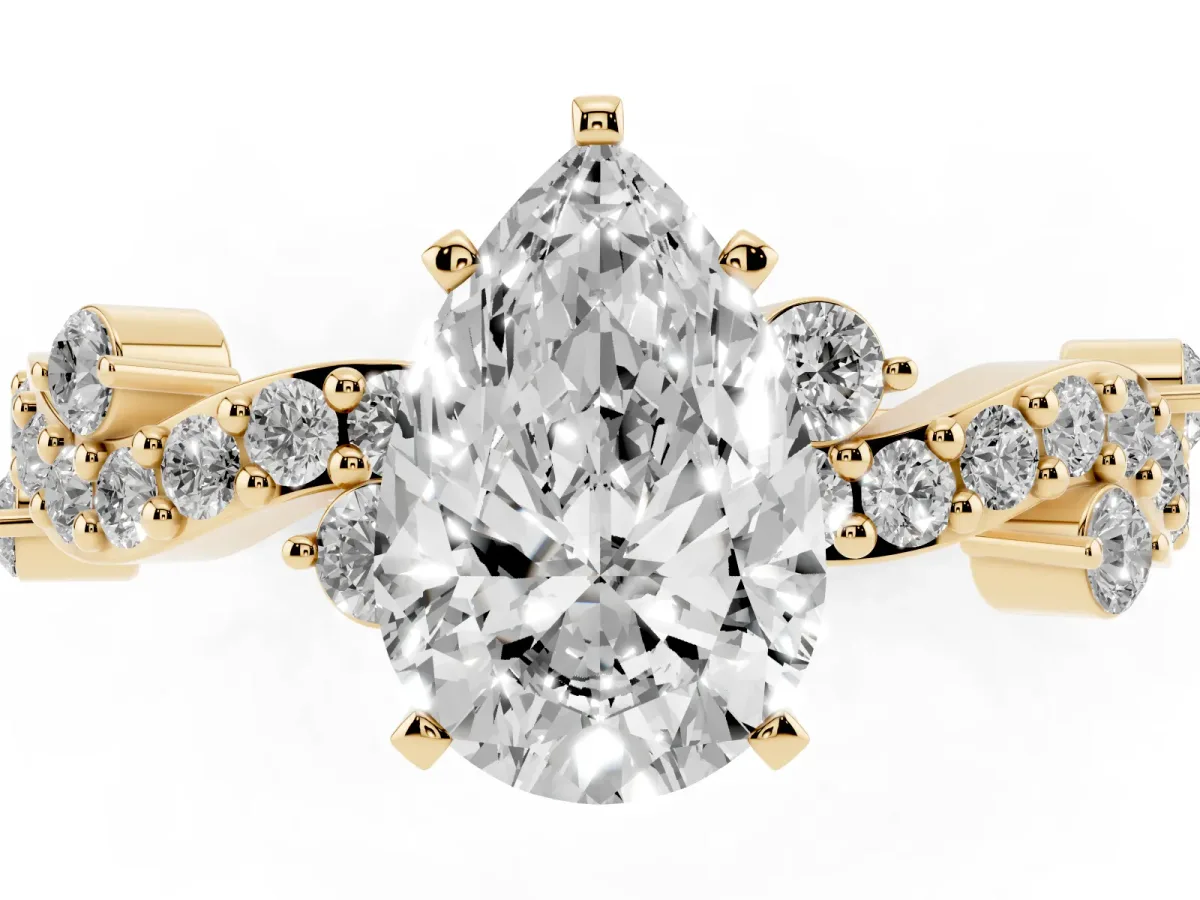 Pear Cut Cut Solitaire Diamond Twisted Band with Pave Setting Yellow gold