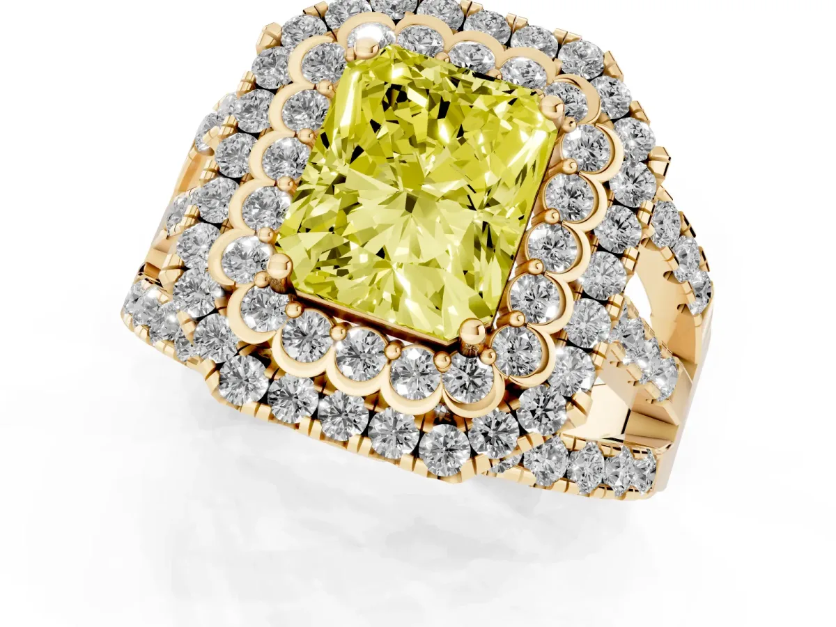 Fancy Yellow Radiant Cut Diamond Double Halo Ring with Round Pavé Split Shank and Prong Setting Yellow gold