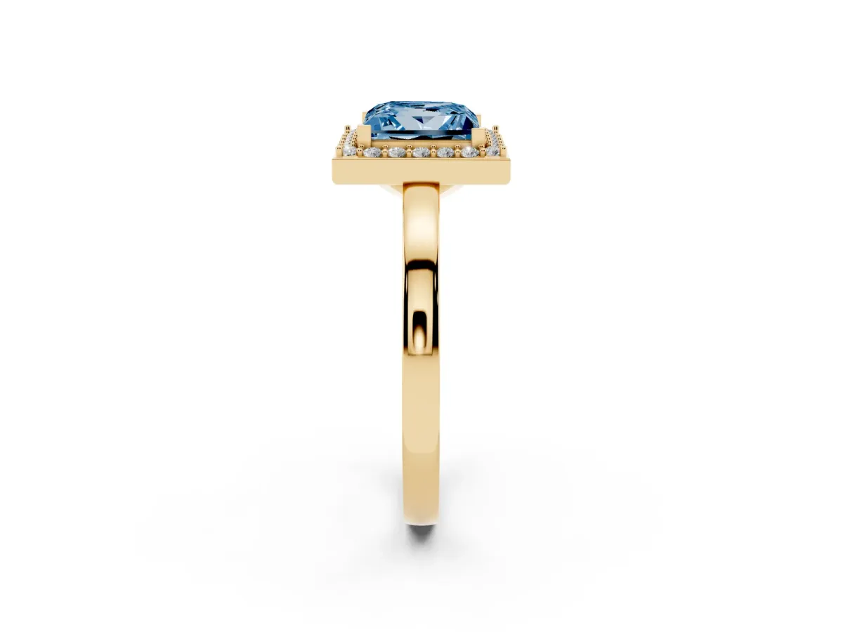 Fancy Blue Princess Cut Halo Diamond Ring with Solitaire Band and Prong Setting Yellow gold