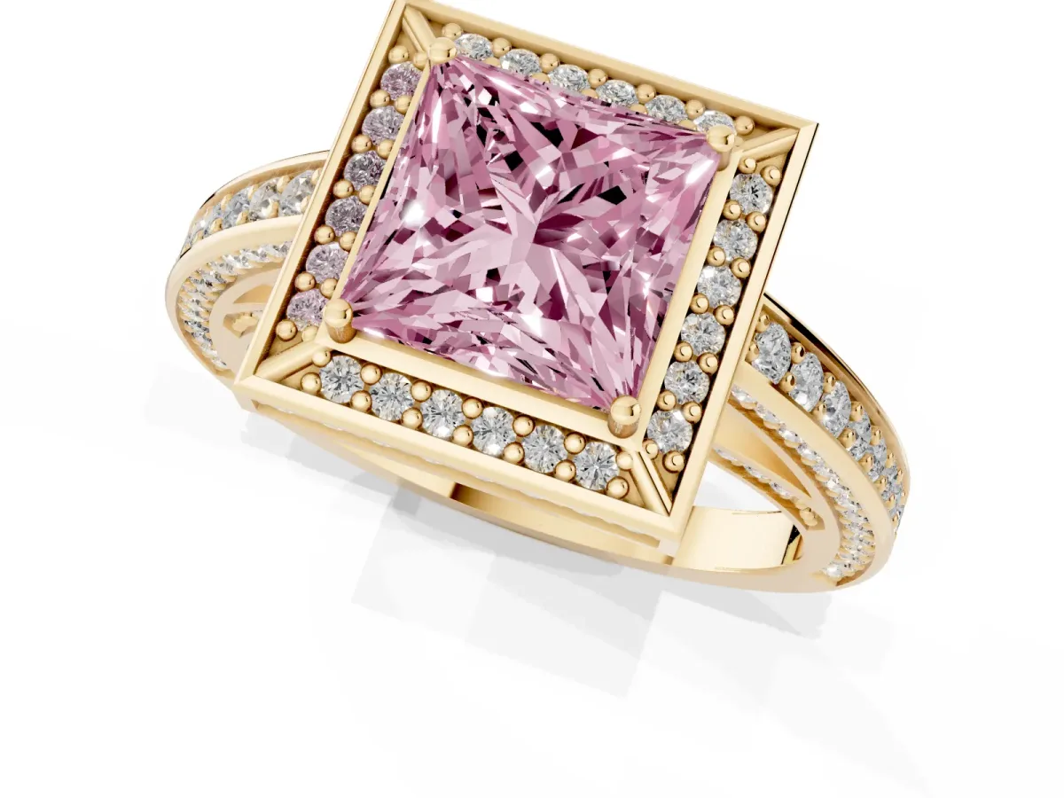 Fancy Pink Princess Cut Cut Halo Pave Split Shank Prong Setting Ring Yellow gold
