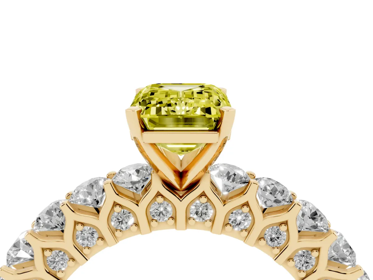 Fancy Yellow Emerald Cut Diamond Solitaire Ring with Shared Prong Pavé Band and Four-Prong Setting Yellow gold