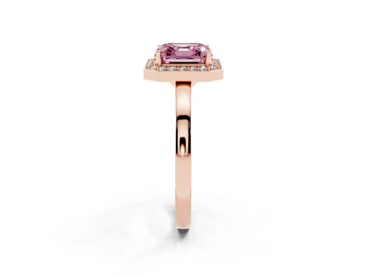 Fancy Pink Asscher Cut Halo Diamond Ring with Solitaire Band and Prong Setting Rose gold