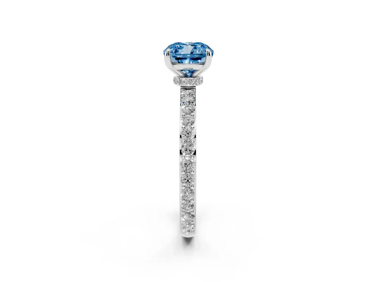 Fancy Blue Cushion Cut Diamond Pavé Engagement Ring with Round Accents and Prong Setting Silver