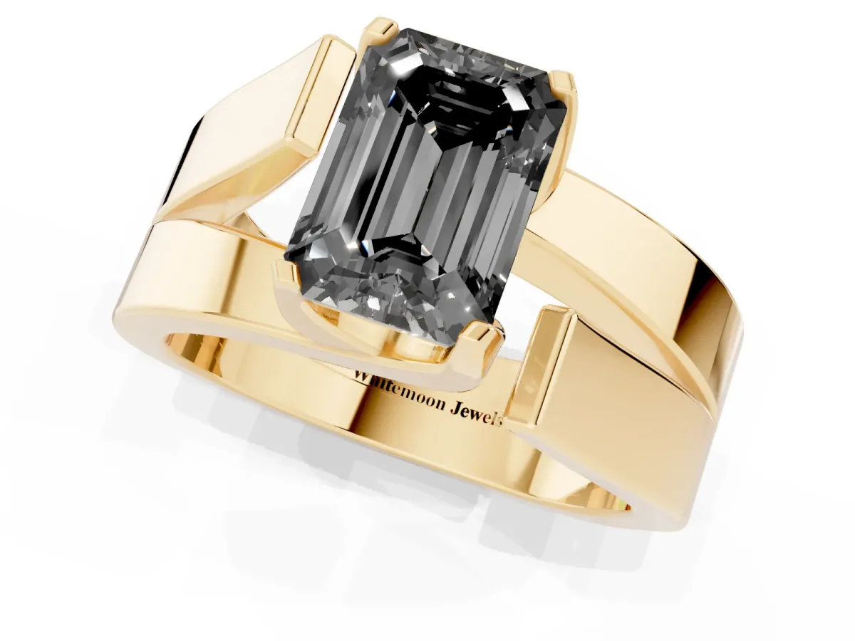 Fancy Black Modern Tension Set Emerald Cut Diamond Solitaire Wide Band Ring Yellow gold