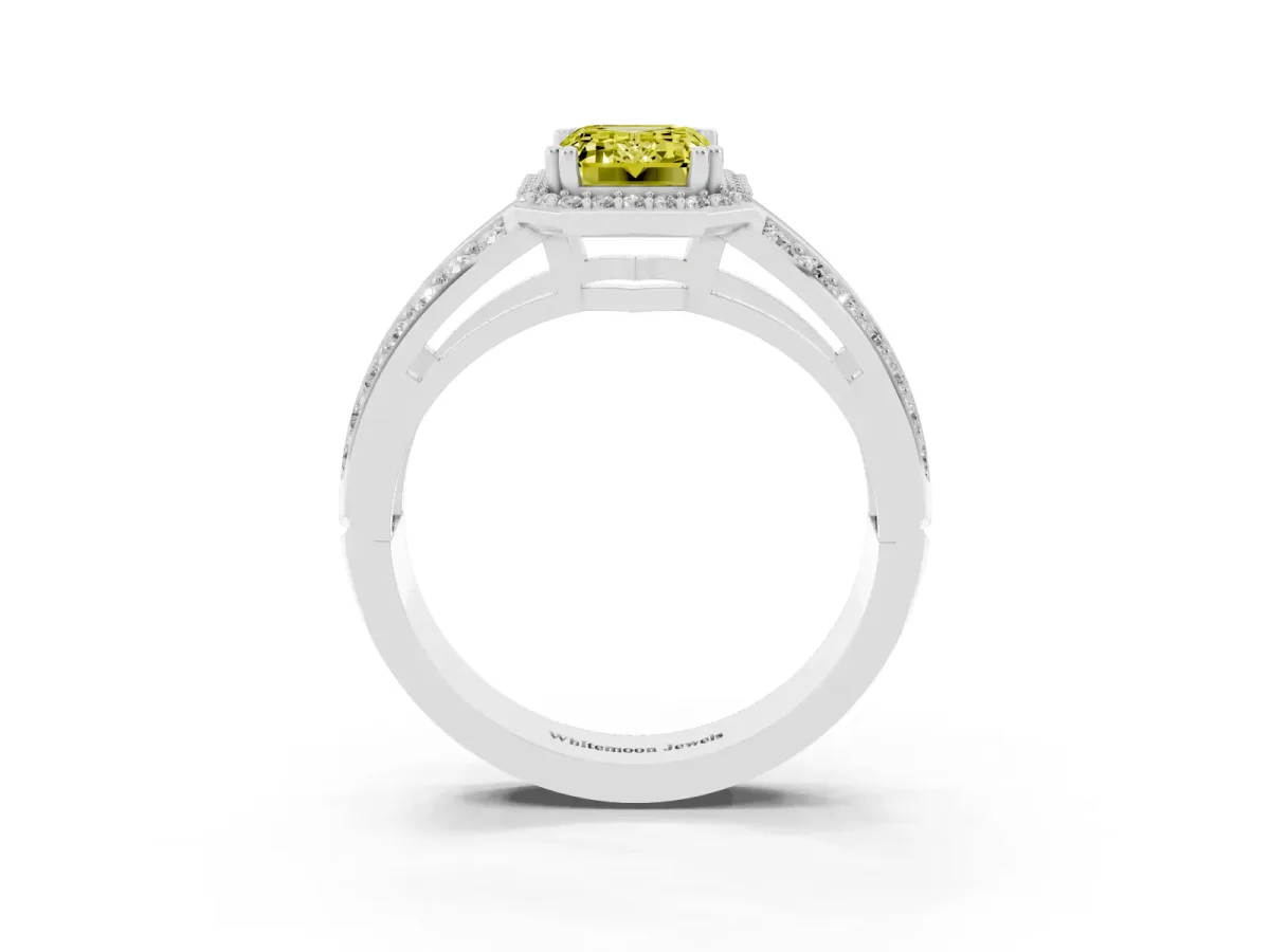 Fancy Yellow Emerald Cut Diamond Halo Ring with Split Shank Pavé Band and Four-Prong Setting White gold