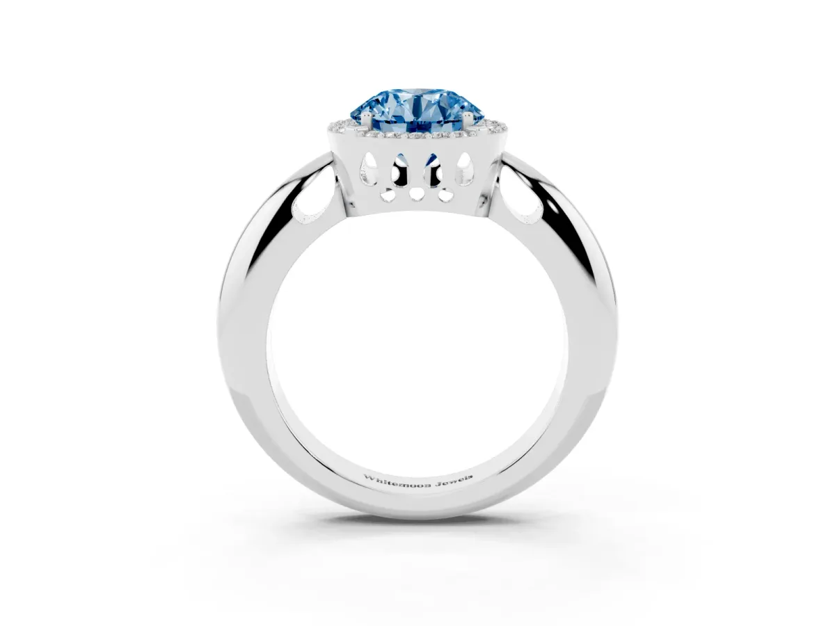 Fancy Blue Round Cut Cut Diamond Halo Engagement Ring with Split Shank and Four-Prong Setting Silver