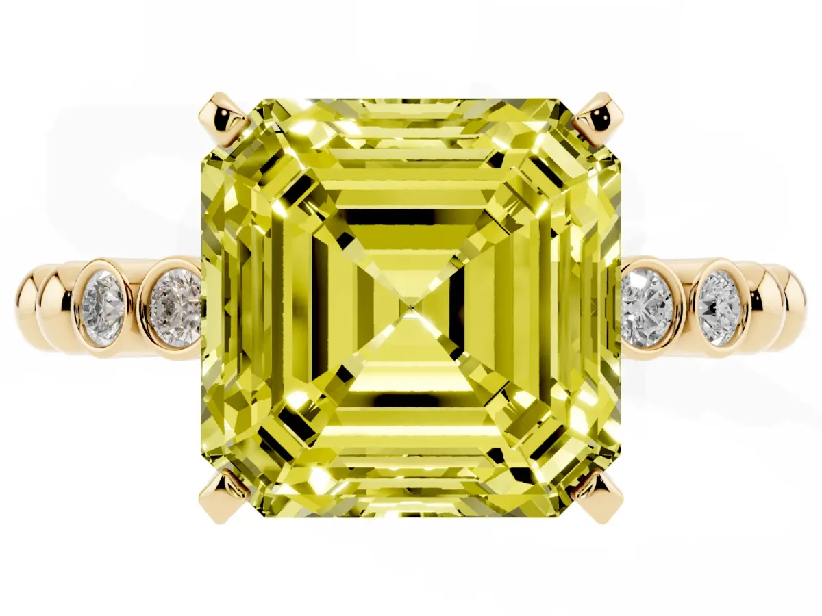 Fancy Yellow Asscher Cut Solitaire Bezel Accent Diamond Engagement Ring with Beaded Band and Four-Prong Setting Yellow gold