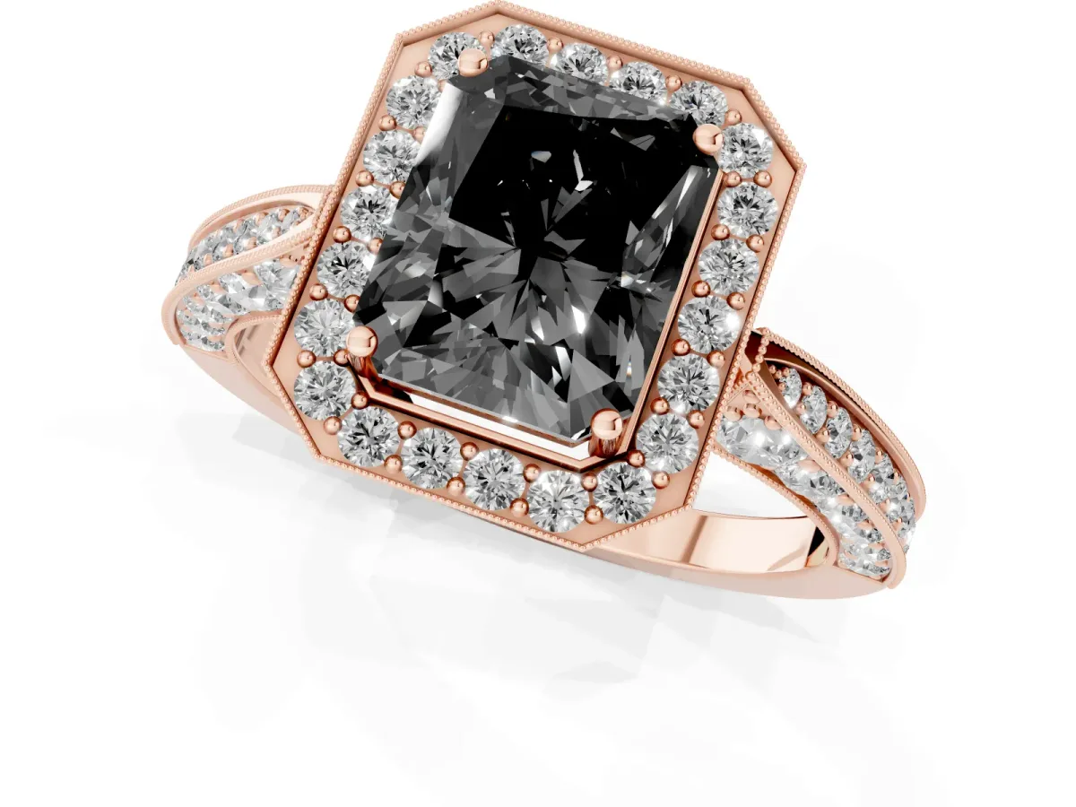 Fancy Black Radiant Cut Halo Diamond Engagement Ring with Split Shank Band and Four-Prong Setting Rose gold