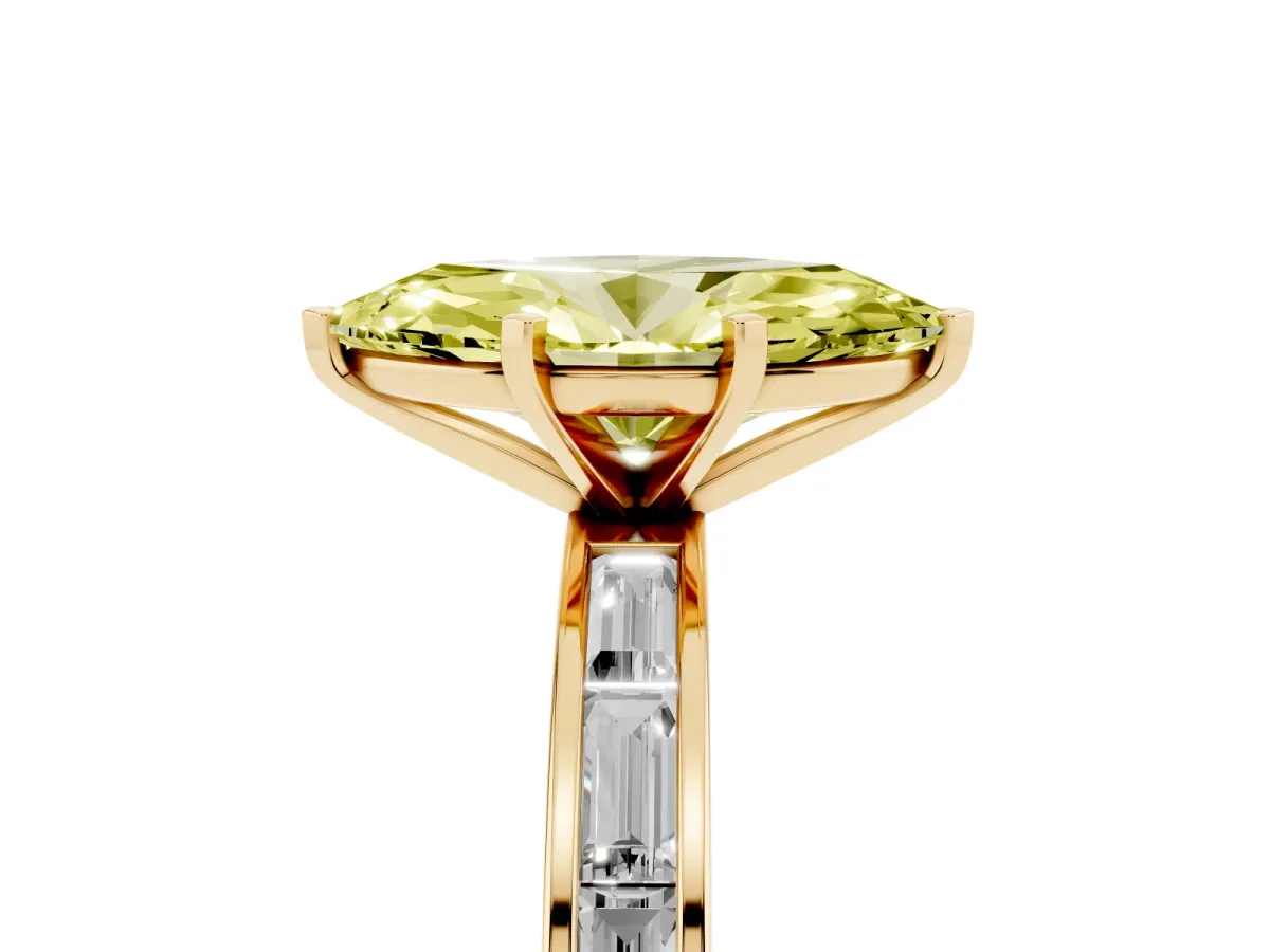 Fancy Yellow Marquise Cut Solitaire Diamond Ring with Channel-Set Baguette Band and Four-Prong Setting Yellow gold