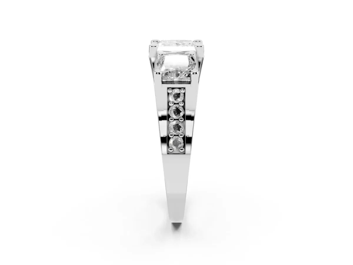 Princess Cut Diamond Three-Stone Ring with Channel Set Band and Four-Prong Setting Silver