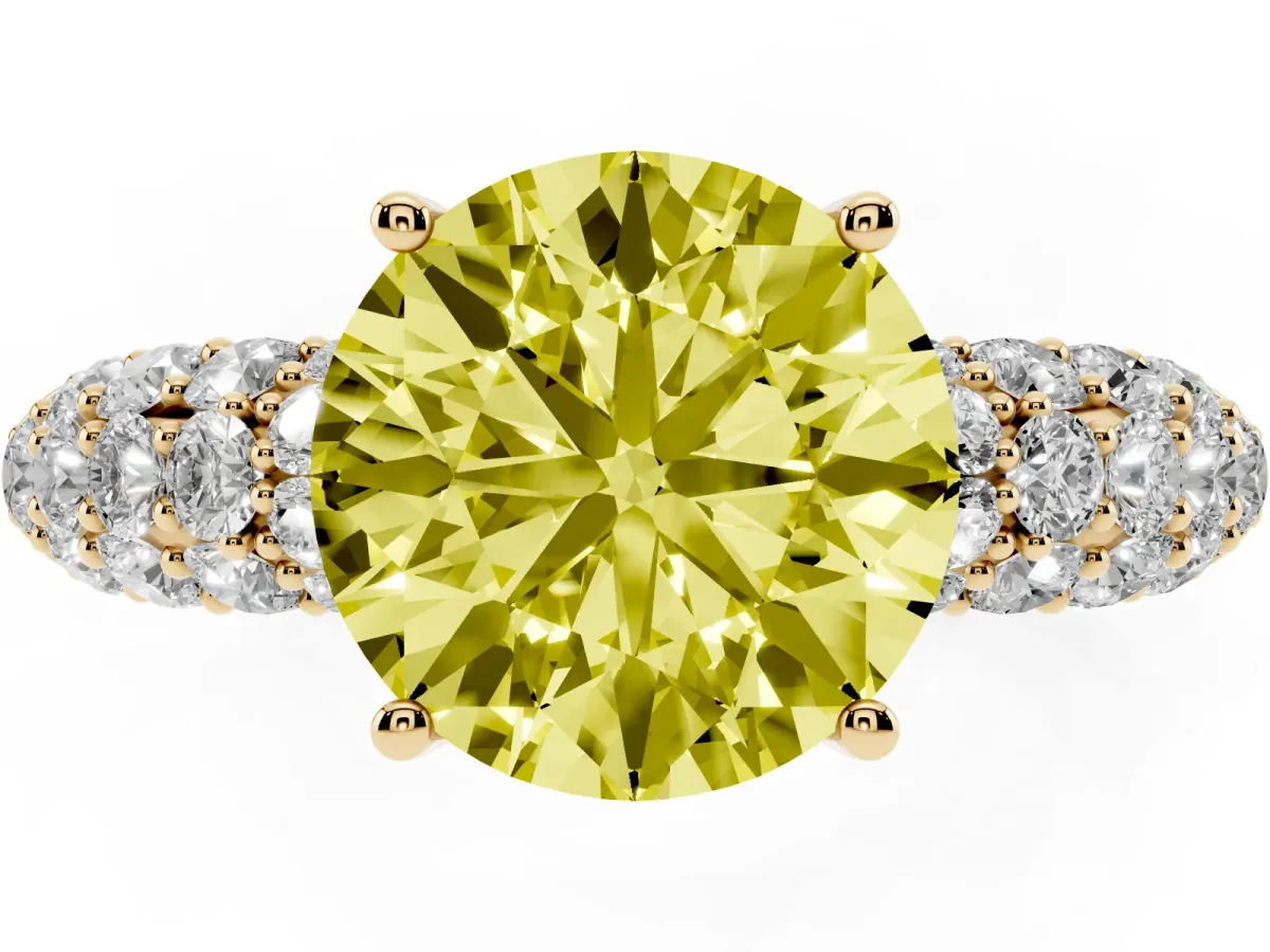 Fancy Yellow Round Cut Diamond Pavé Band Solitaire Ring with Four-Prong Setting Yellow gold