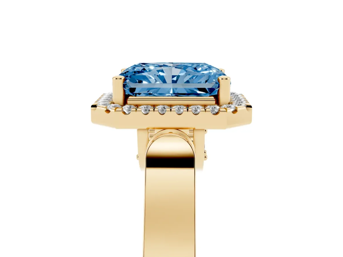 Fancy Blue Radiant Cut Halo Round Diamond Twist Band with Four-Prong Setting Yellow gold