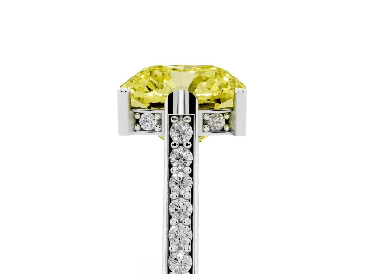 Fancy Yellow Cushion Cut Solitaire Diamond Ring with Channel Set Band and Bezel Prong Setting Silver