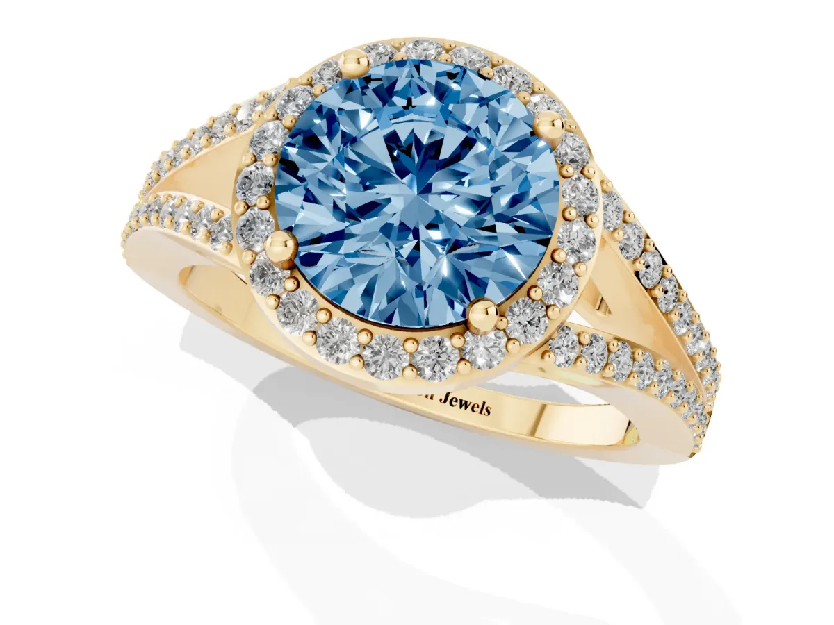 Fancy Blue Round Cut Halo Split Shank Pave Diamond Ring with Four-Prong Setting Yellow gold