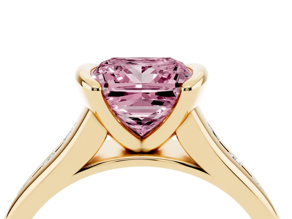 Fancy Pink Princess Cut Solitaire Bezel-Set Diamond Ring with Channel-Set Band Yellow gold