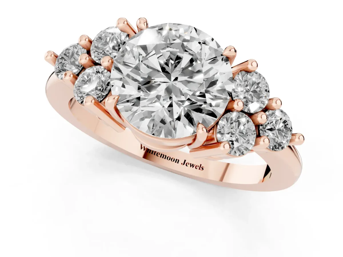 Round Cut Brilliant Diamond Cluster Accent Solitaire Ring with Prong Setting Rose gold