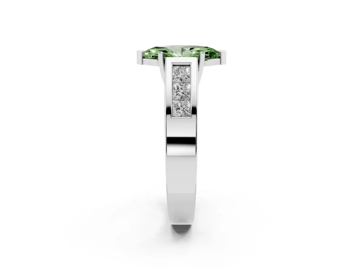 Fancy Green Marquise Cut Cut Channel Set Solitaire Ring with Four-Prong Setting Platinum