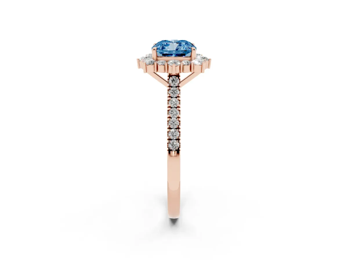 Fancy Blue Cushion Cut Halo Diamond Ring with Pavé Band and Prong Setting Rose gold