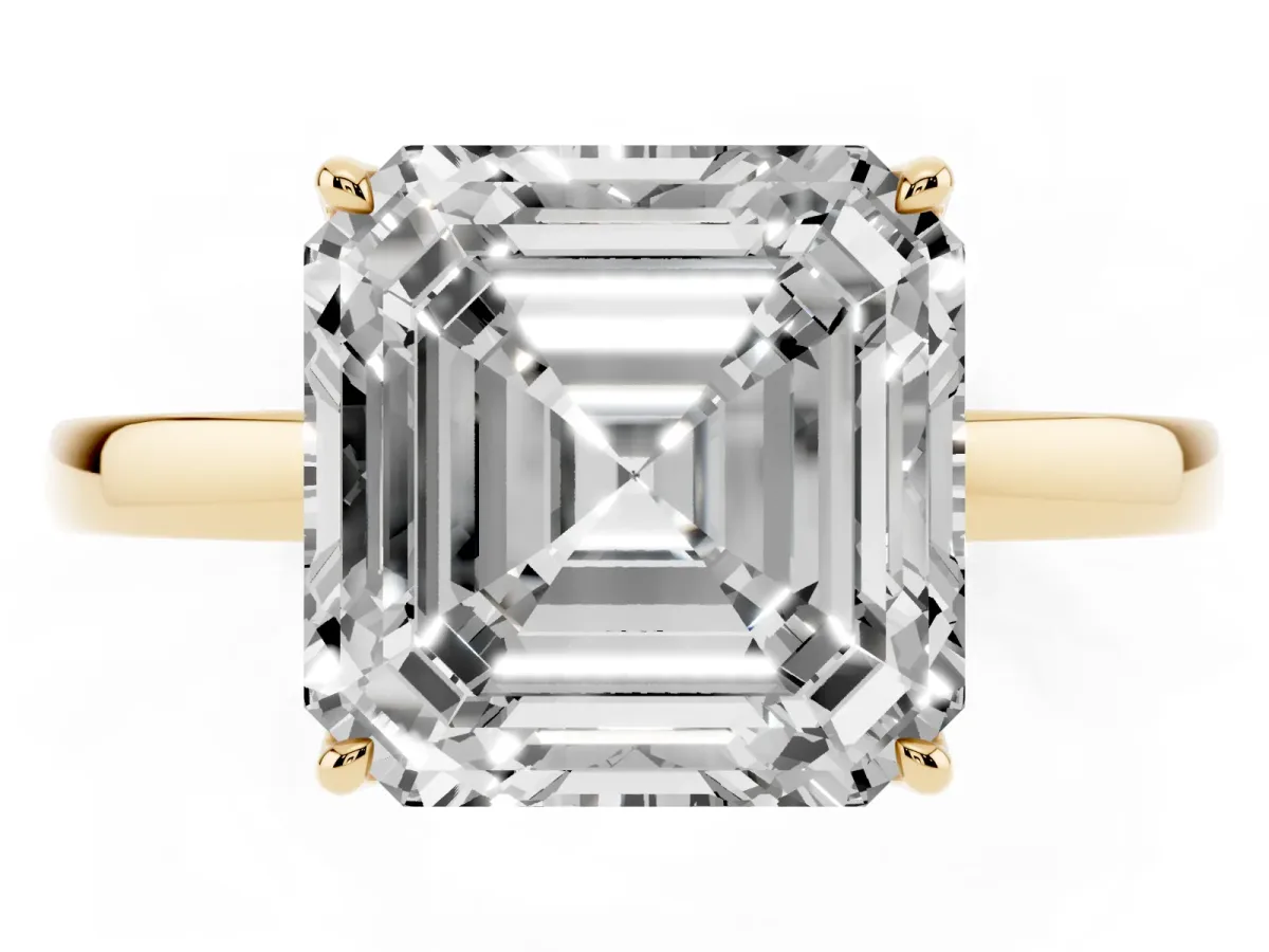 Asscher Cut Diamond Solitaire Ring with Thin Band and Prong Setting Yellow gold