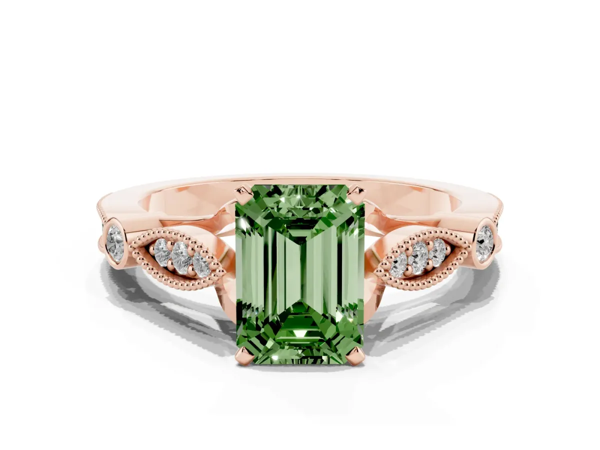 Fancy Green Emerald Cut Cut Diamond with Milgrain Marquise and Bezel Accents on a Solitaire Band with Prong Setting Rose gold