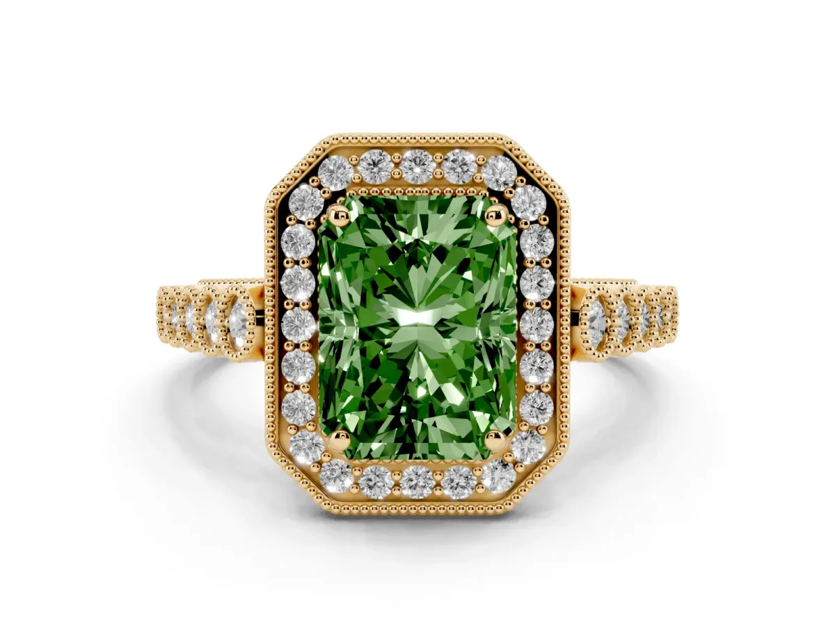 Fancy Green Radiant Cut Halo Milgrain Solitaire with Bezel Set Side Stones and Pave Band Yellow gold