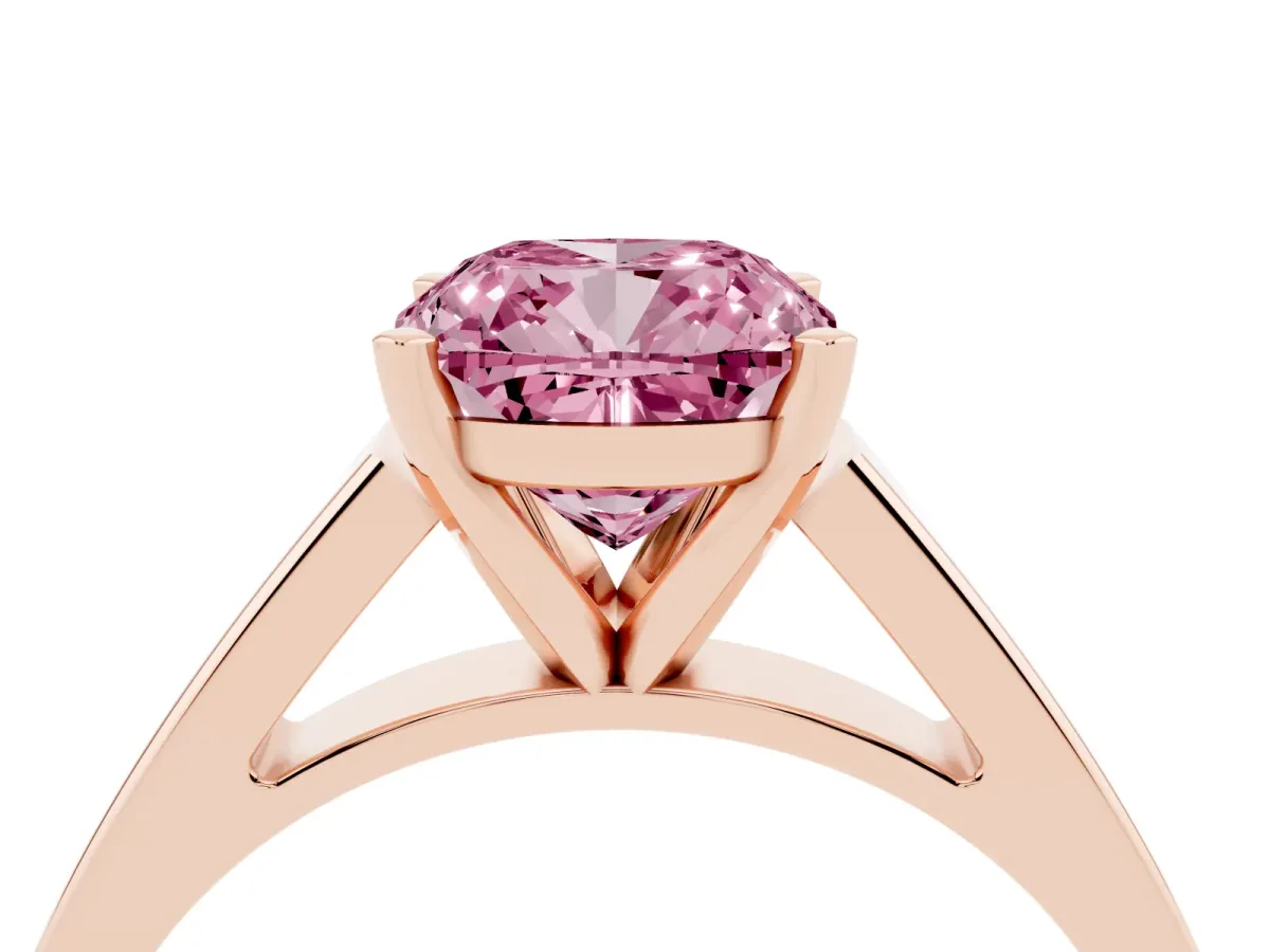 Fancy Pink Cushion Cut Solitaire Engagement Ring with Four-Prong Setting and Tapered Band Rose gold