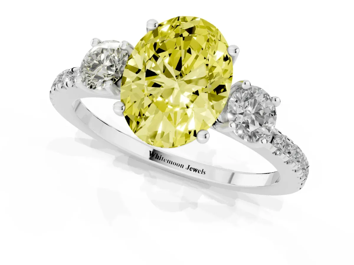 Fancy Yellow Three-Stone Oval Cut Cut Diamond Pavé Band with Prong Setting Silver