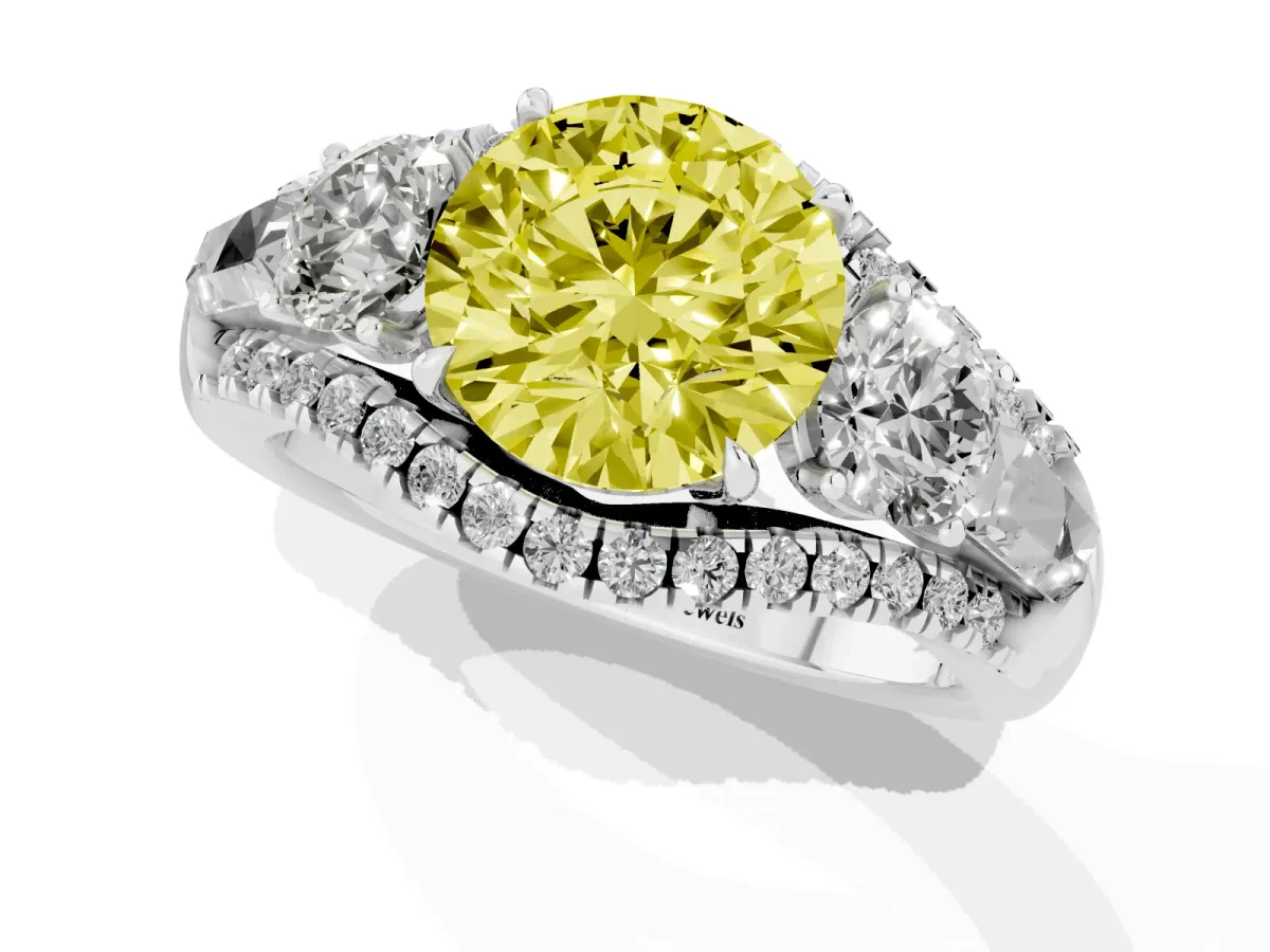 Fancy Yellow Three-Stone Round Cut Diamond Engagement Ring with Pave Band and Prong Setting Silver