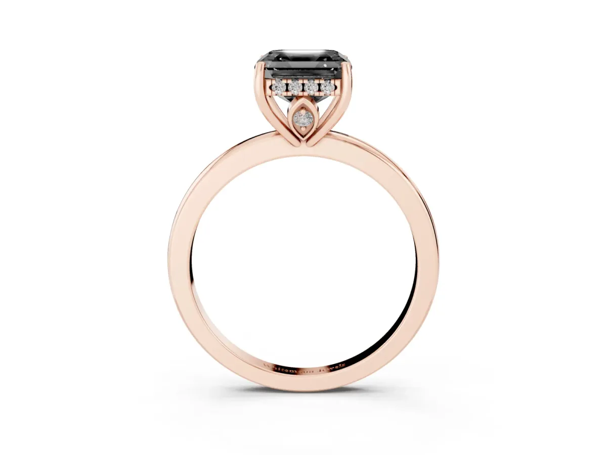 Fancy Black Asscher Cut Solitaire Diamond Ring with Prong Setting and Plain Band Rose gold