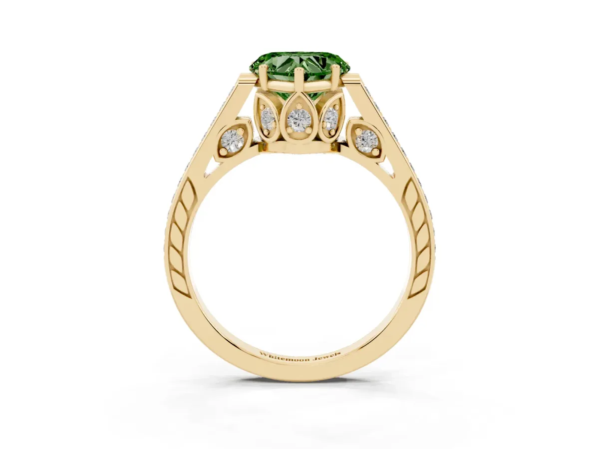 Fancy Green Heart Cut Cut Cathedral Pave Diamond Engagement Ring with Six-Prong Setting Yellow gold
