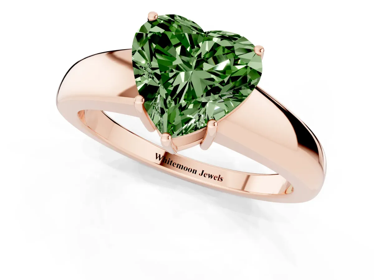 Fancy Green Heart Cut Solitaire Diamond Ring with Tapered Band and Four-Prong Setting Rose gold