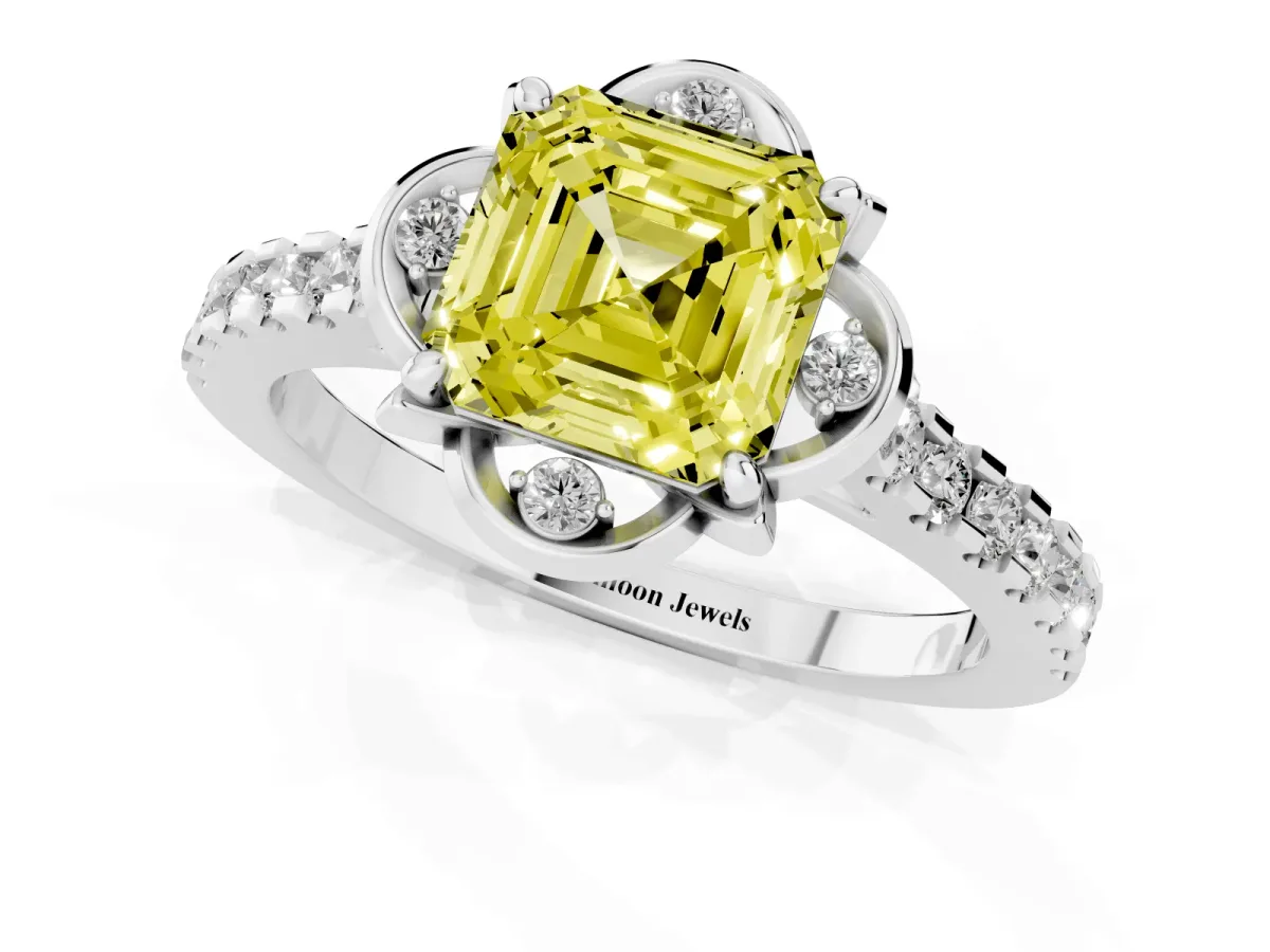 Fancy Yellow Asscher Cut Diamond Ring with Pavé Band and Floral Prong Setting Silver