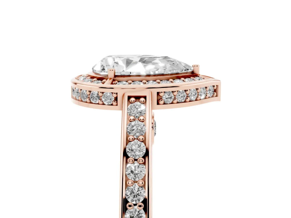 Pear Cut Cut Halo Pave Split Shank Prong Setting Ring Rose gold