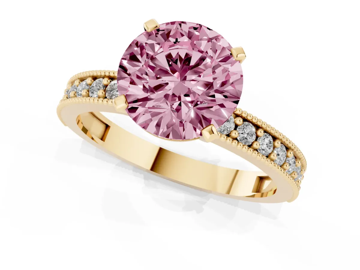 Fancy Pink Round Cut Diamond Milgrain Pavé Engagement Ring with Four-Prong Setting Yellow gold