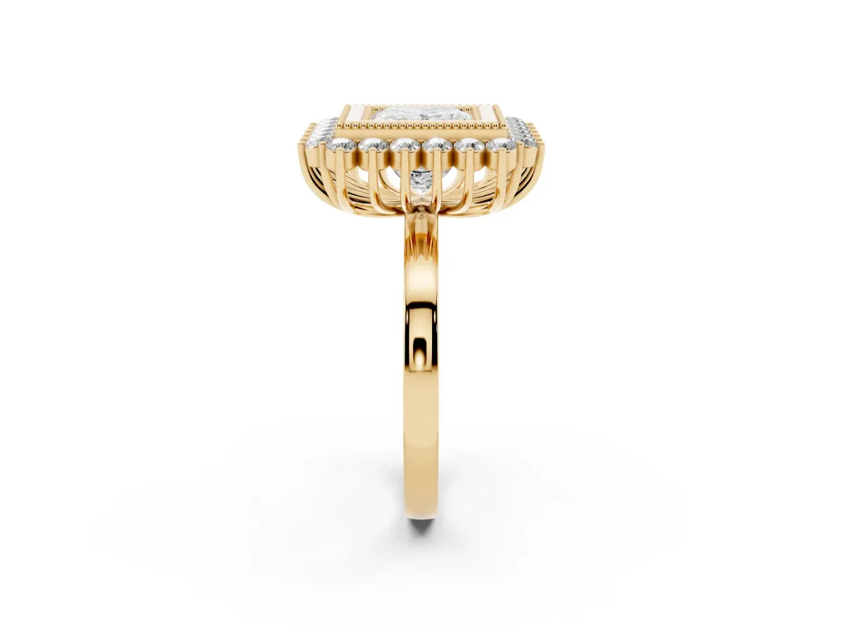 Princess Cut Halo Diamond Ring with Milgrain Edge and Round Prong Setting Yellow gold