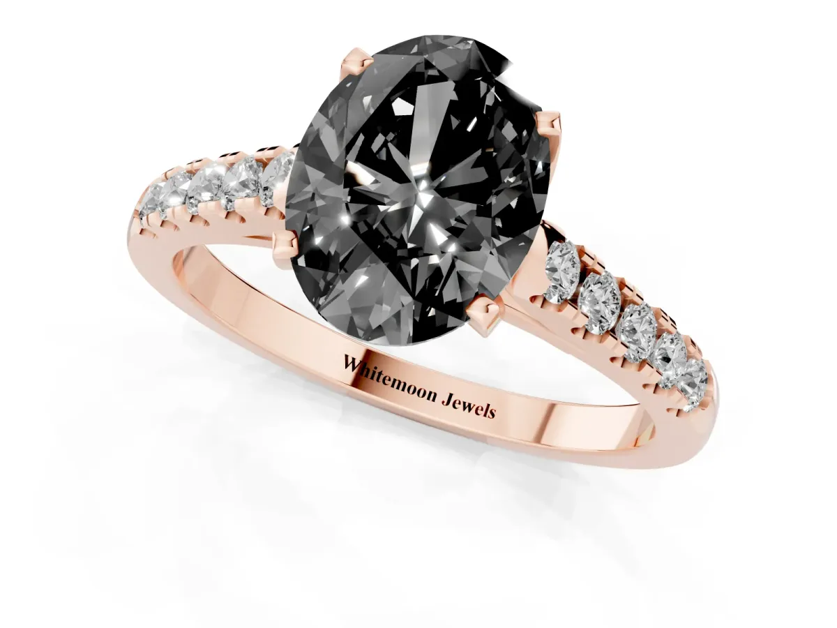 Fancy Black Oval Cut Diamond Pavé Band Solitaire Ring with Prong Setting Rose gold