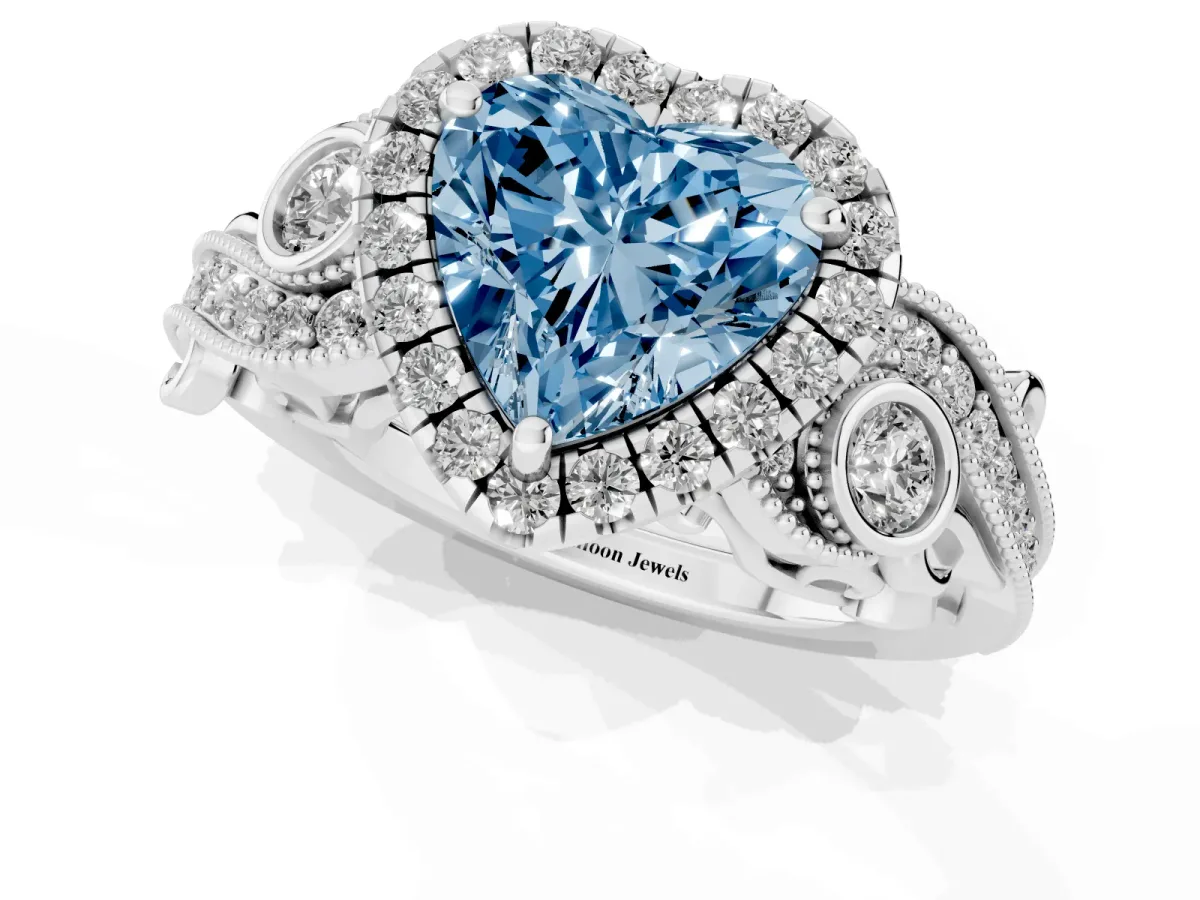 Fancy Blue Heart Cut Diamond Halo Ring with Milgrain Pavé Band and Four-Prong Setting White gold