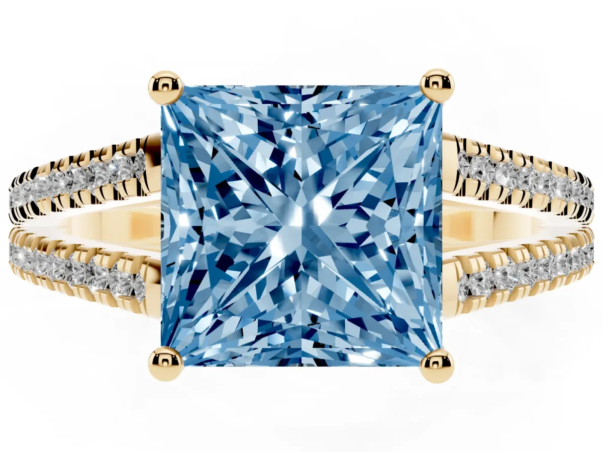 Fancy Blue Princess Cut Diamond Solitaire Engagement Ring with Split Shank Pavé Band Yellow gold