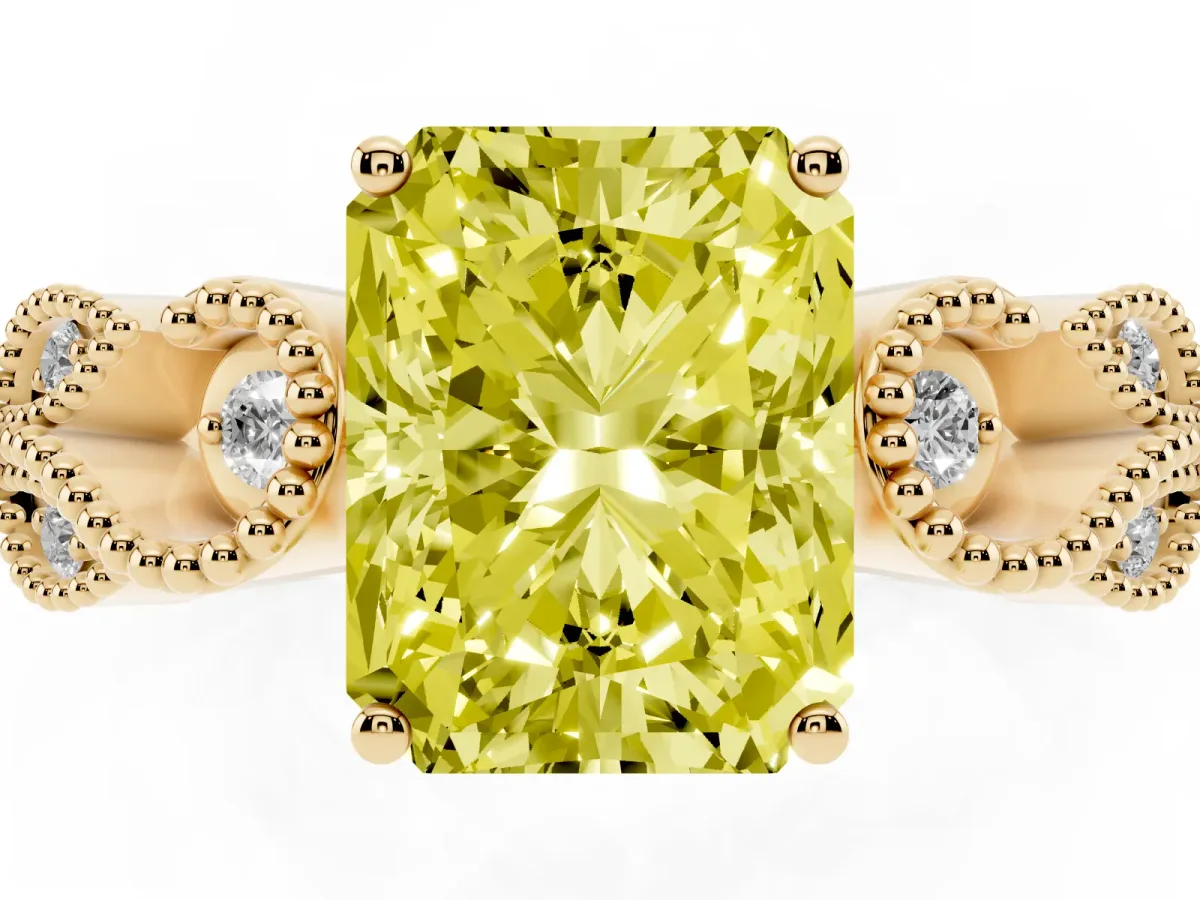 Fancy Yellow Princess Cut Solitaire Milgrain Leaf Band with Prong Setting Yellow gold