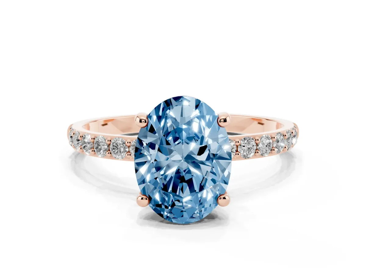 Fancy Blue Oval Cut Diamond Solitaire Ring with Round Pavé Band and Prong Setting Rose gold