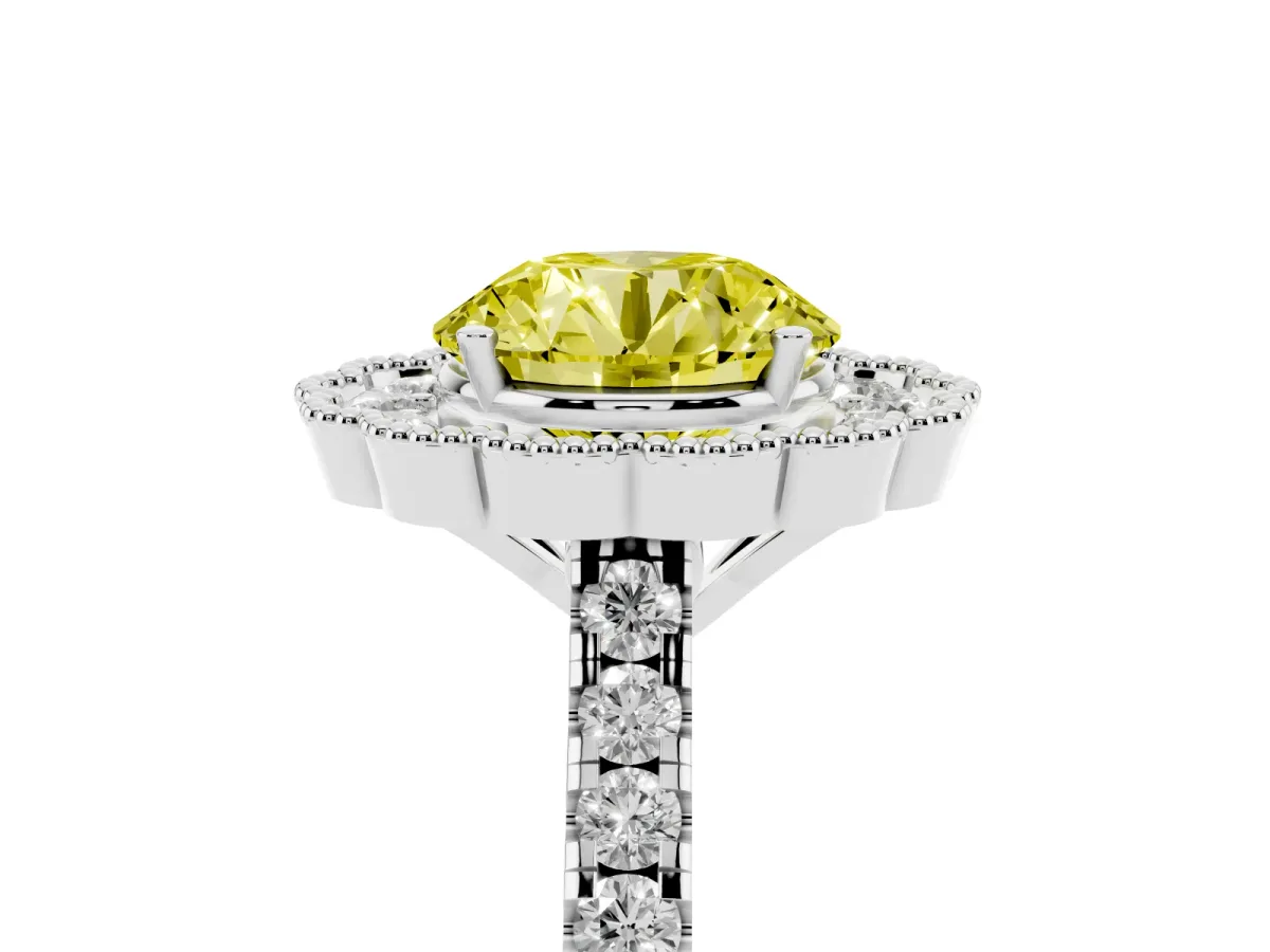 Fancy Yellow Round Cut Cut Diamond Milgrain Floral Halo Engagement Ring with Pavé Band Platinum